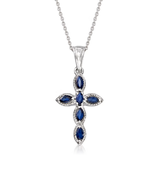 .80 ctw Sapphire Cross Pendant Necklace in Sterling Silver