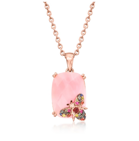 Pink Opal Bumblebee Pendant Necklace with .10 ctw Multicolored Sapphire and Garnet Accent in 18kt Rose Gold Over Sterling. 18"