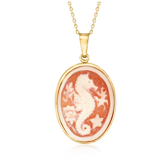 Italian Orange Shell Seahorse Cameo Pendant Necklace in 18kt Gold Over Sterling. 18"