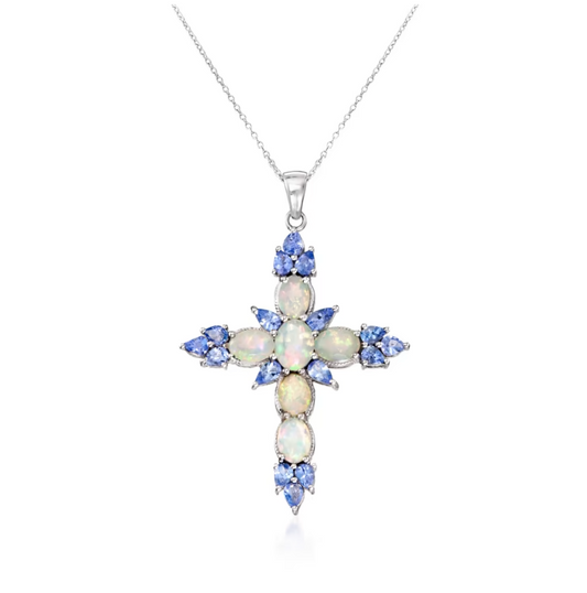 Ethiopian Opal and 1.90 ctwTanzanite Cross Pendant Necklace in Sterling Silver