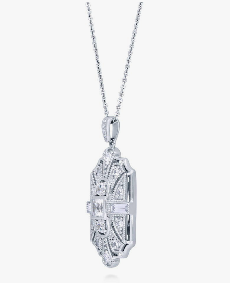 Art Deco Milgrain CZ Pendant Necklace in Sterling Silver