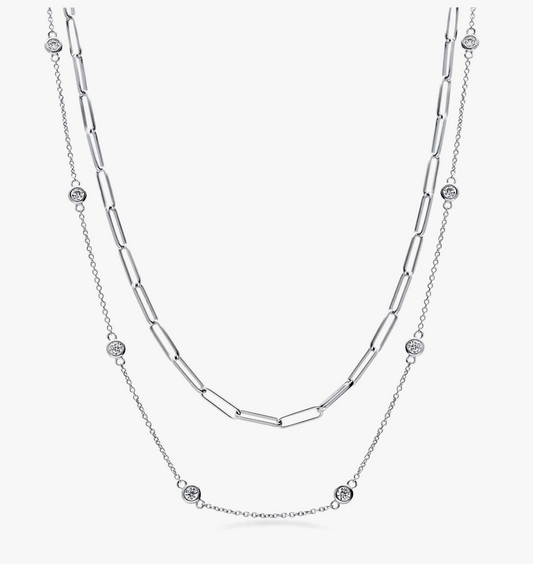 Paperclip CZ by the Yard Chain Necklace in Sterling Silver, 2 Piece