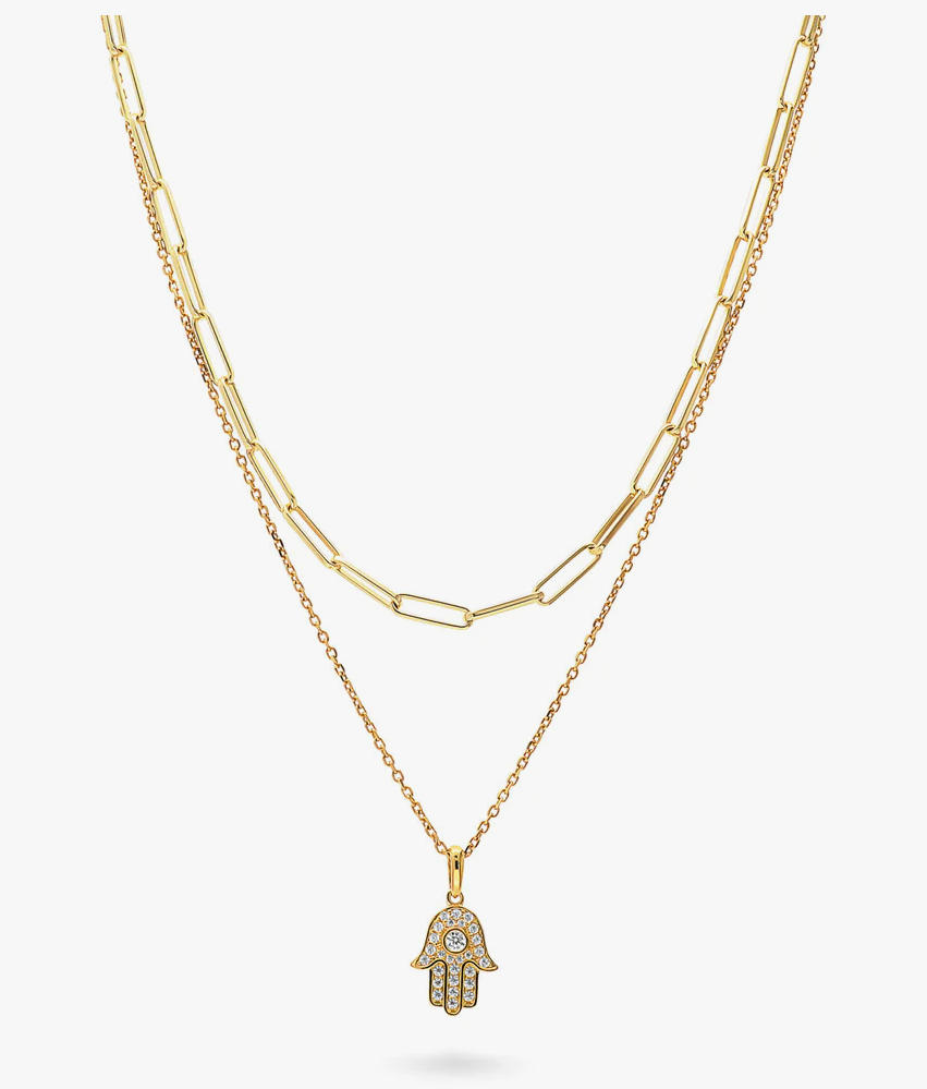Hamsa Hand CZ Chain Necklace in Gold Flashed Sterling Silver, 2 Piece