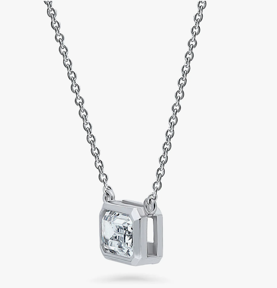 Solitaire 1ct Bezel Set Emerald Cut CZ Necklace in Sterling Silver