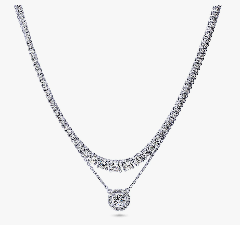 Graduated Halo CZ Pendant And Tennis Necklace Set in Sterling Silver