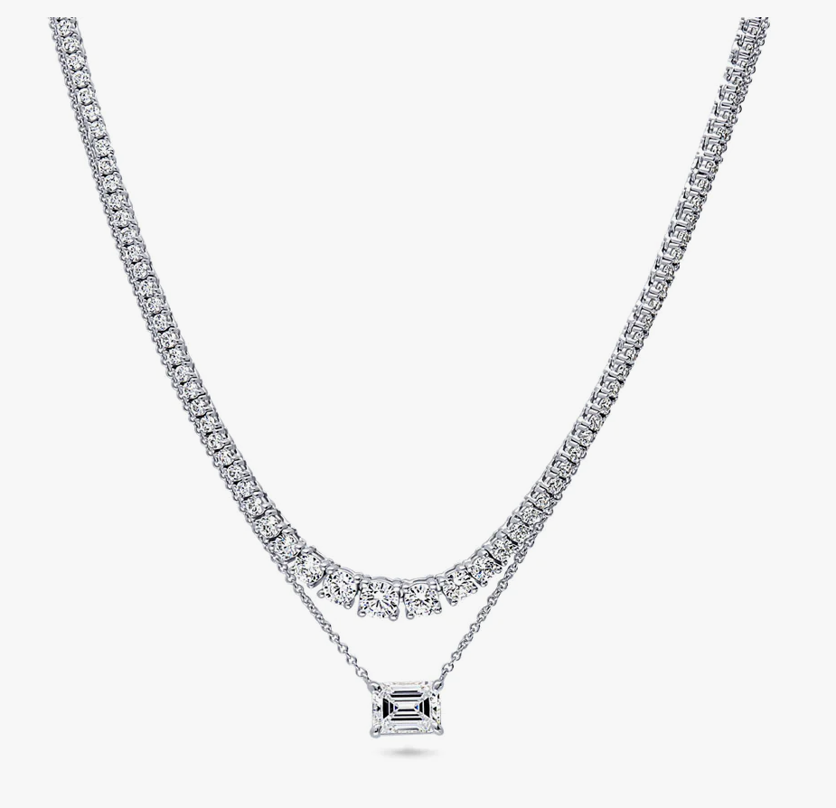 East-West CZ Pendant And Tennis Necklace Set in Sterling Silver