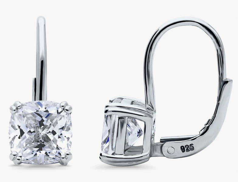 Solitaire 4ct Cushion CZ Leverback Dangle Earrings in Sterling Silver