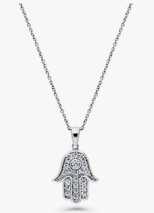 Hamsa Hand CZ Pendant Necklace in Sterling Silver