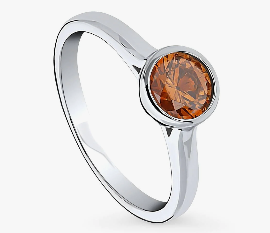 Solitaire Caramel Bezel Set Round CZ Ring in Sterling Silver 0.8ct