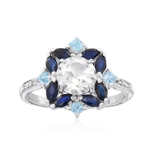 1.78 ctw. White and Blue Topaz and .80 ctw. Sapphire Ring in Sterling Silver