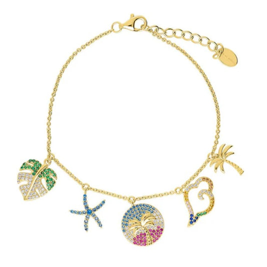 Starfish Palm Tree CZ Charm Bracelet in Gold Flashed Sterling Silver