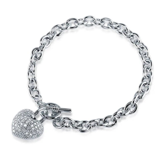 Heart CZ Toggle Charm Bracelet in Silver-Tone