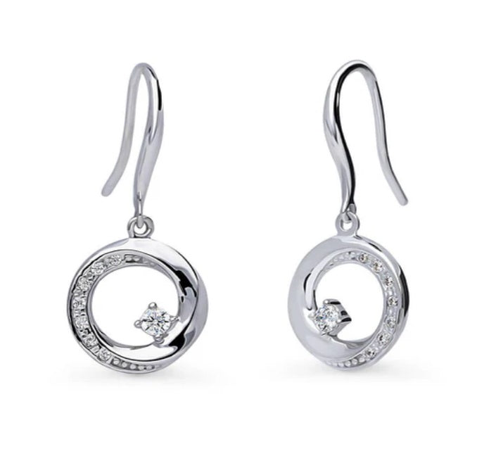 Open Circle Woven CZ Fish Hook Dangle Earrings in Sterling Silver