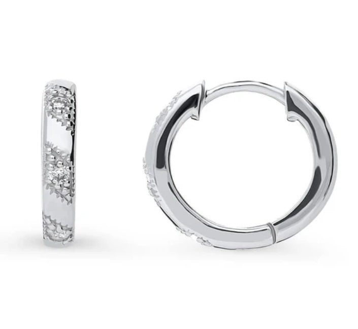 Bead CZ Medium Hoop Earrings in Sterling Silver 0.6"