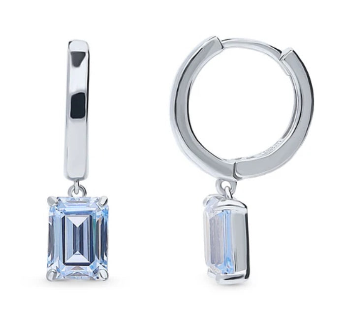 Solitaire Emerald Cut CZ Dangle Earrings in Sterling Silver 2ct