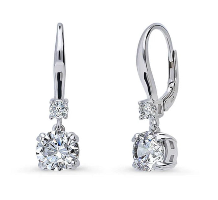 Solitaire 2.5ct Round CZ Leverback Dangle Earrings in Sterling Silver