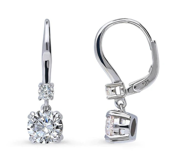 Solitaire 2.5ct Round CZ Leverback Dangle Earrings in Sterling Silver