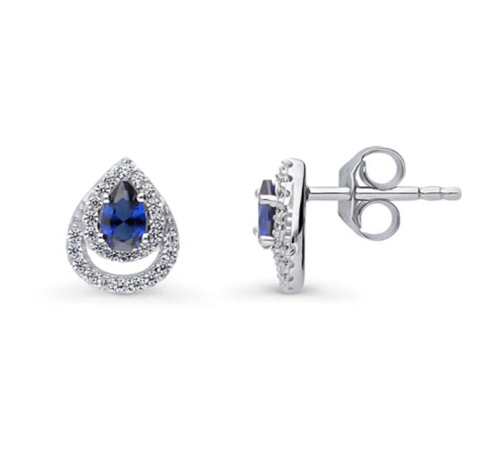 Teardrop Simulated Blue Sapphire CZ Stud Earrings in Sterling Silver