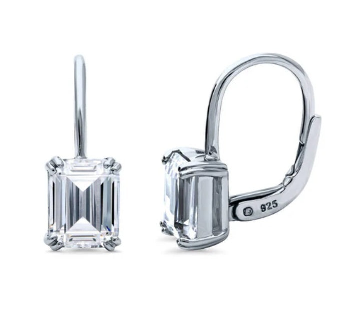 Solitaire 2.4ct Emerald Cut CZ Leverback Earrings in Sterling Silver