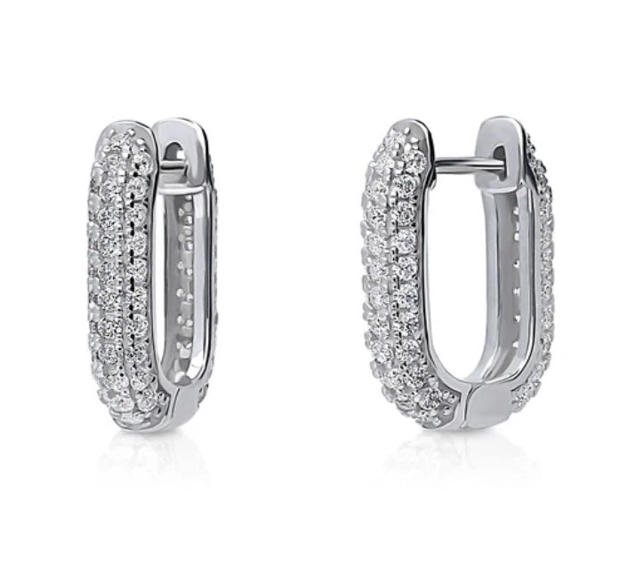 Rectangle CZ Medium Hoop Earrings in Sterling Silver 0.62"