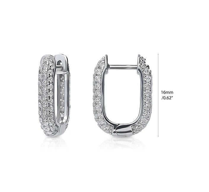 Rectangle CZ Medium Hoop Earrings in Sterling Silver 0.62"