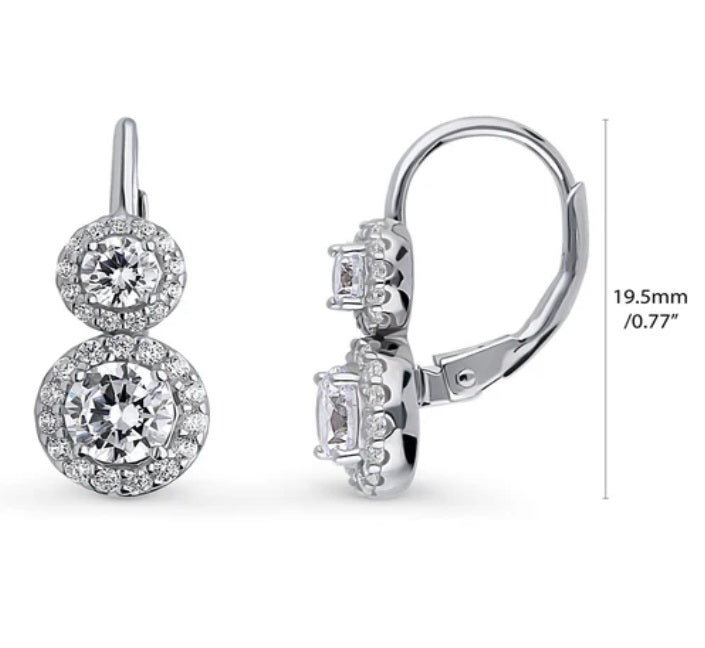 Halo 2-Stone Round CZ Leverback Dangle Earrings in Sterling Silver