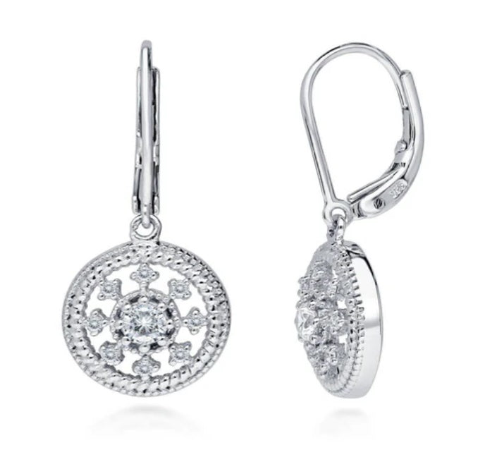 Medallion Art Deco CZ Leverback Dangle Earrings in Sterling Silver