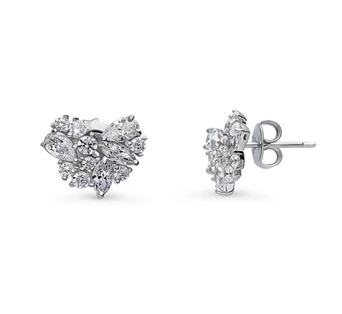Cluster Heart CZ Stud Earrings in Sterling Silver