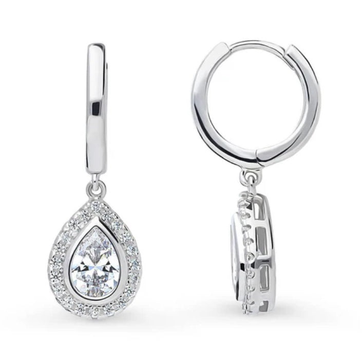 Halo Pear CZ Dangle Earrings in Sterling Silver