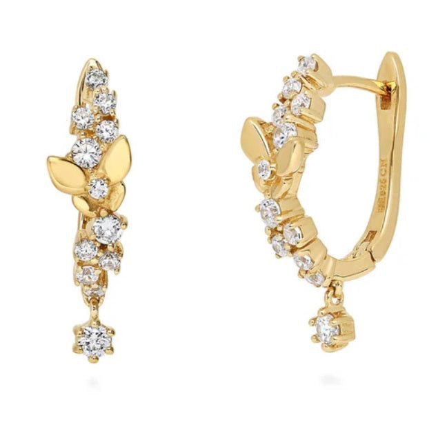 Butterfly CZ Medium Hoop Earrings in Gold Flashed Sterling Silver 0.85"