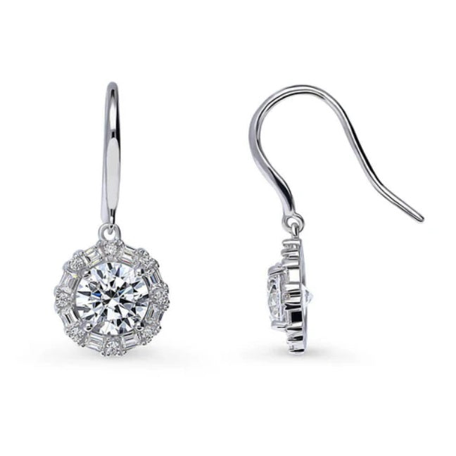 Halo Art Deco Round CZ Fish Hook Dangle Earrings in Sterling Silver