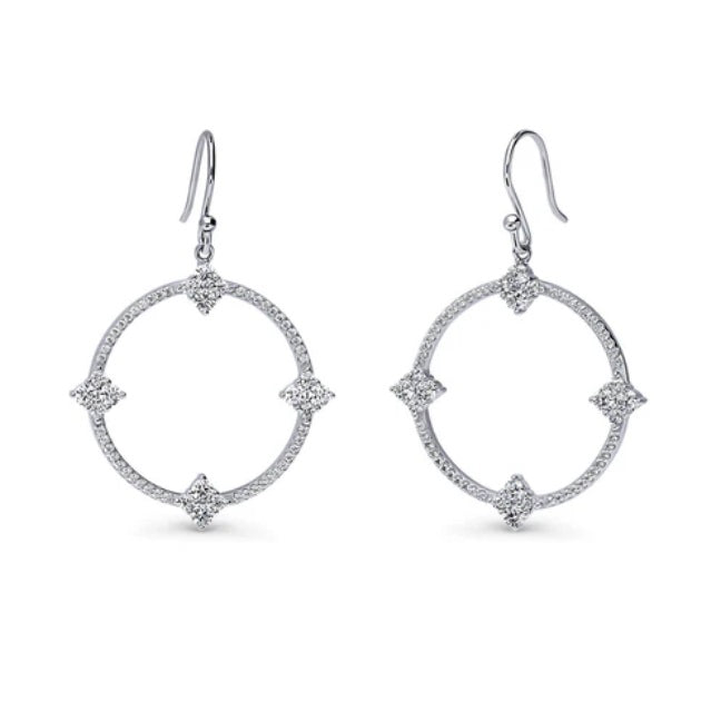 Open Circle Flower CZ Fish Hook Dangle Earrings in Sterling Silver