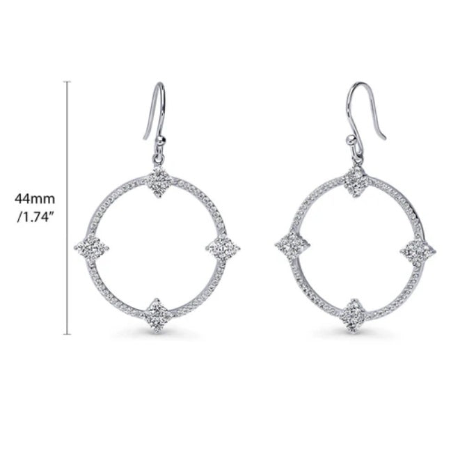 Open Circle Flower CZ Fish Hook Dangle Earrings in Sterling Silver