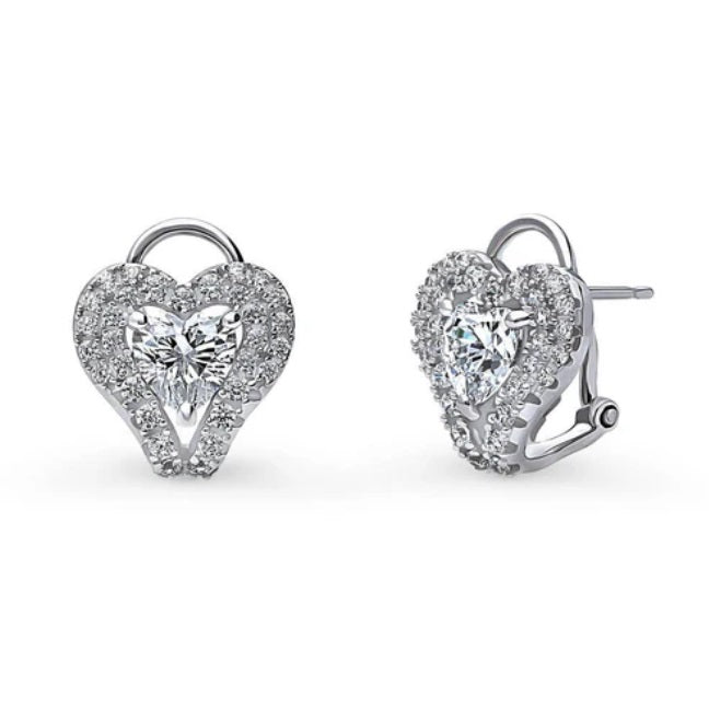 Heart Halo CZ Omega Back Stud Earrings in Sterling Silver