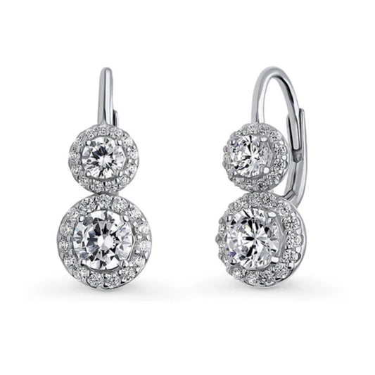 Halo 2-Stone Round CZ Leverback Dangle Earrings in Sterling Silver