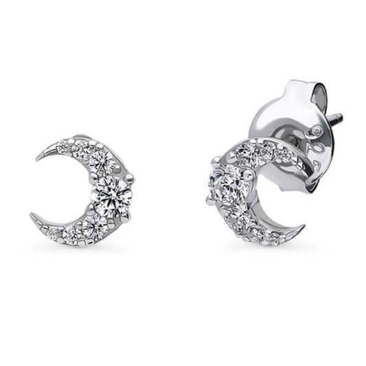Crescent Moon CZ Stud Earrings in Sterling Silver
