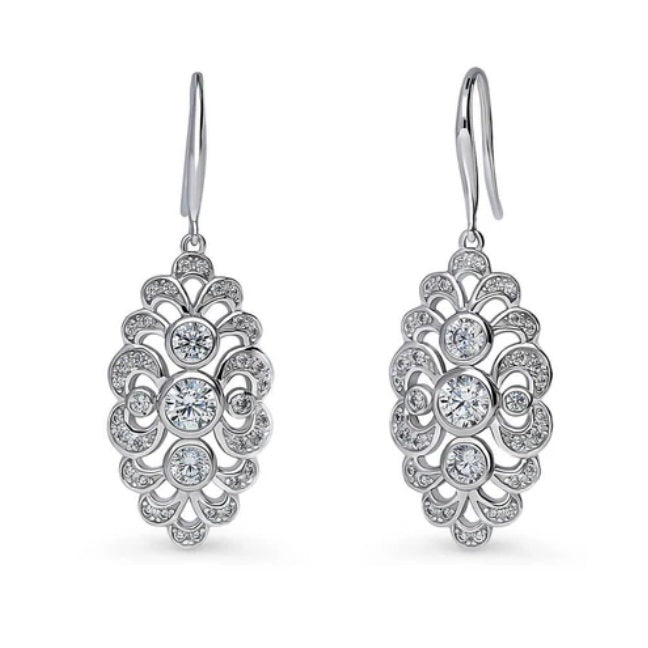 Navette Art Deco CZ Fish Hook Dangle Earrings in Sterling Silver