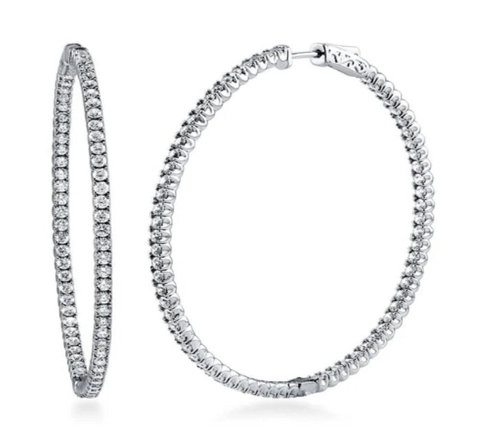 CZ Large Inside-Out Hoop Earrings in Sterling Silver 2.2"