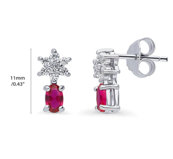 Flower Simulated Ruby CZ Stud Earrings in Sterling Silver