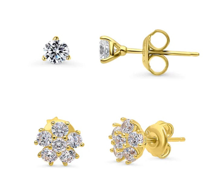 Flower Solitaire CZ Stud Earrings in Sterling Silver, 2 Pairs