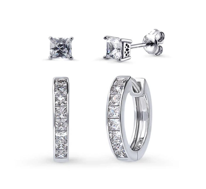 Bar Solitaire CZ 2 Pairs Hoop and Stud Earrings Set in Sterling Silver