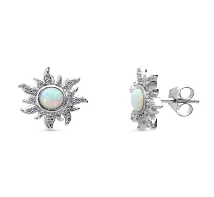 Sun Sunburst Simulated Opal CZ Stud Earrings in Sterling Silver