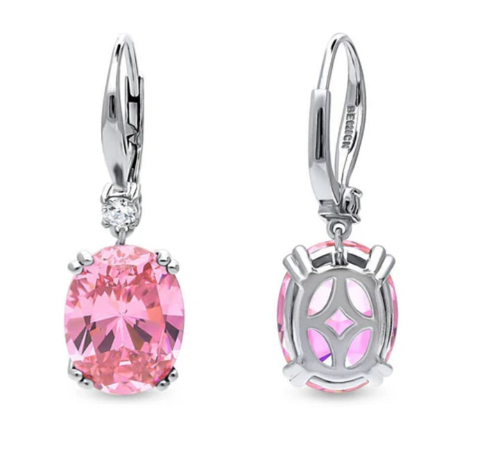 Solitaire Pink Oval CZ Leverback Earrings in Sterling Silver 11.6ct