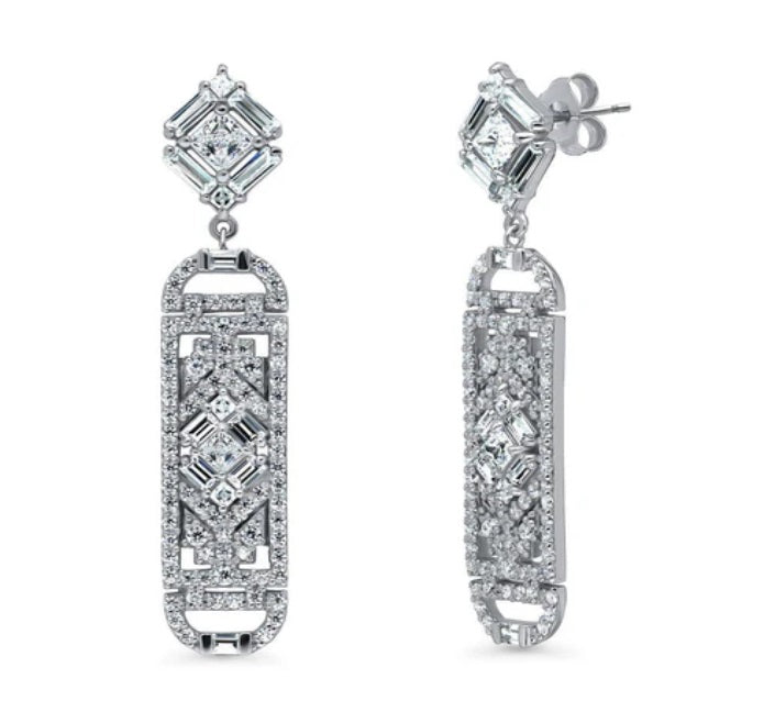 Bar Art Deco CZ Dangle Earrings in Sterling Silver