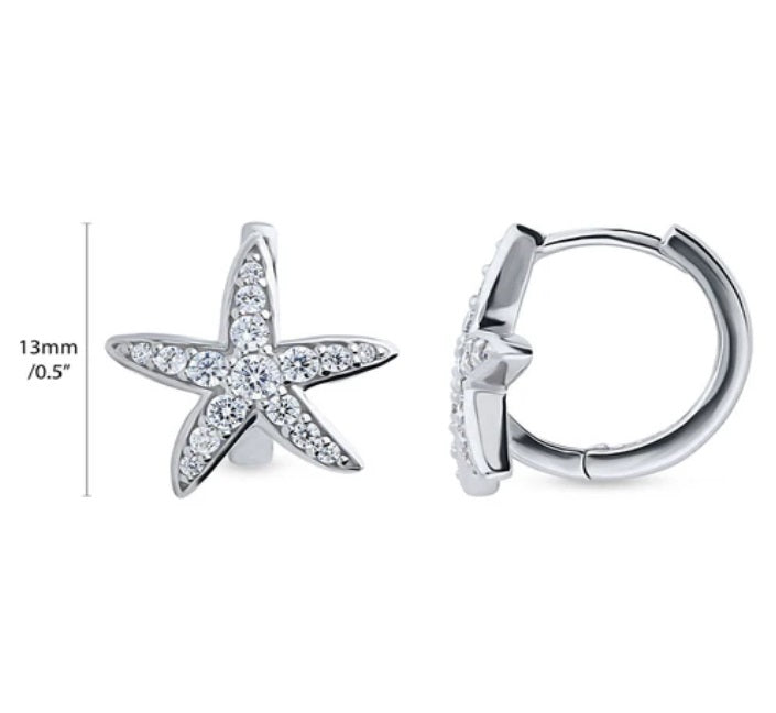 Starfish CZ Small Huggie Earrings in Sterling Silver 0.5"