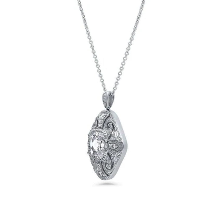 Art Deco Filigree CZ Pendant Necklace in Sterling Silver