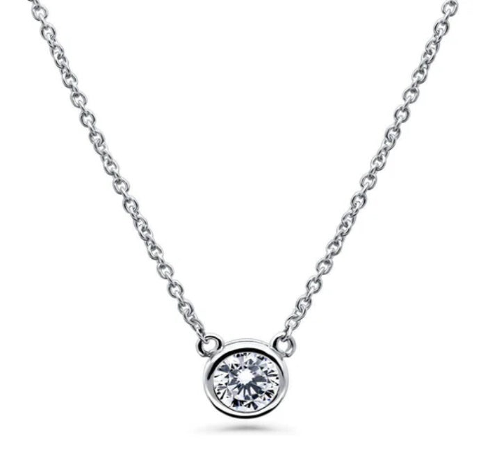 Solitaire 0.9ct Bezel Set Round CZ Necklace in Sterling Silver, 2 Piece