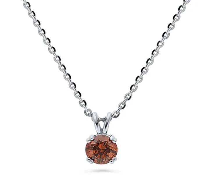 Solitaire Caramel Round CZ Pendant Necklace in Sterling Silver 0.8ct