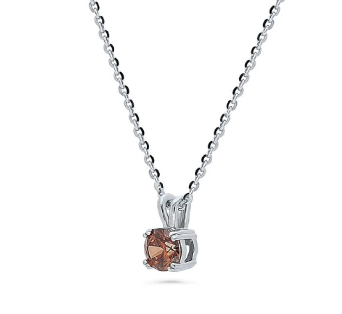 Solitaire Caramel Round CZ Pendant Necklace in Sterling Silver 0.8ct