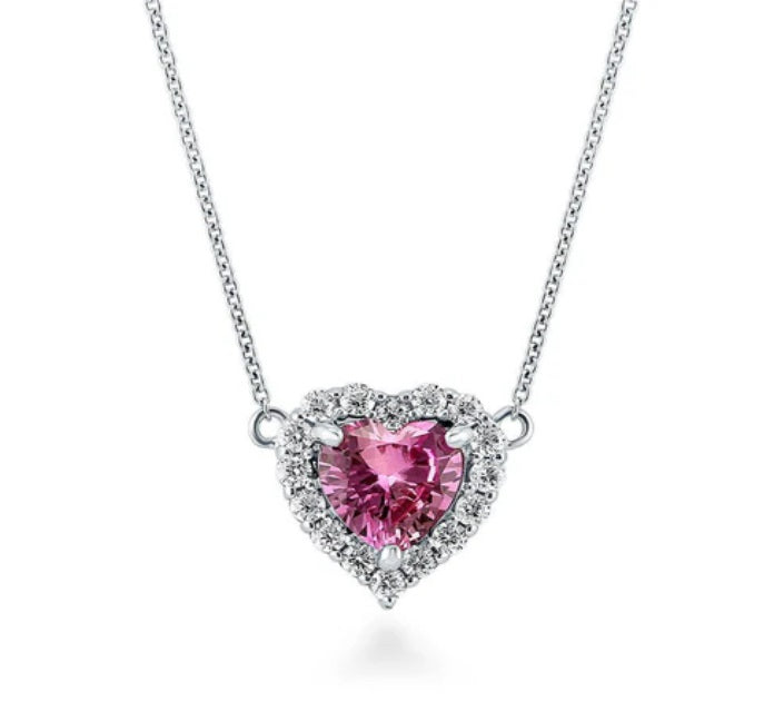Halo Heart Pink CZ Pendant Necklace in Sterling Silver